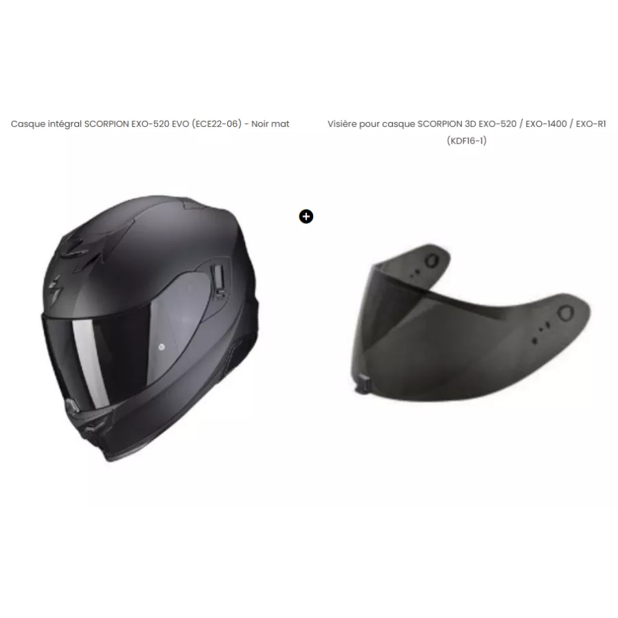 Pack Casque intégral Scorpion EXO-520 full black (noir mat + visiére fumée)