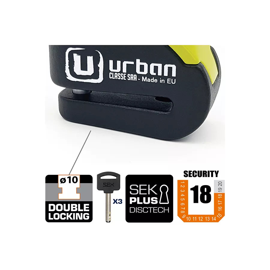 Bloque disque Alarme URBAN Security UR10 Antivol SRA axe 10 mm Hi-Tech Alarme avec câble de rappel