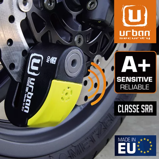 Bloque disque Alarme URBAN Security UR10 Antivol SRA axe 10 mm Hi-Tech Alarme avec câble de rappel