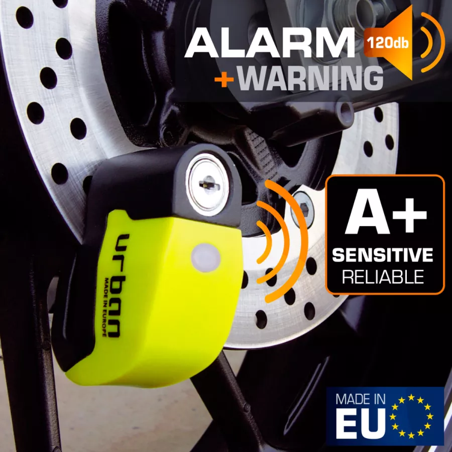 Bloque disque URBAN avec Alarme et Avertisseur de ø6 mm - Jaune-Noir