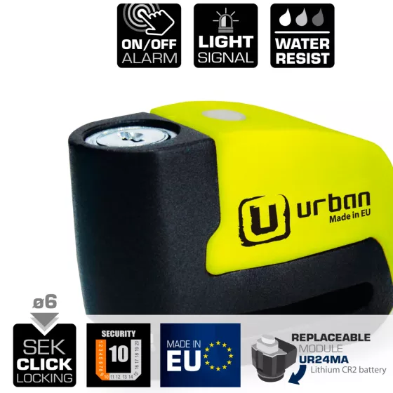 Bloque disque URBAN avec Alarme et Avertisseur de ø6 mm - Jaune-Noir