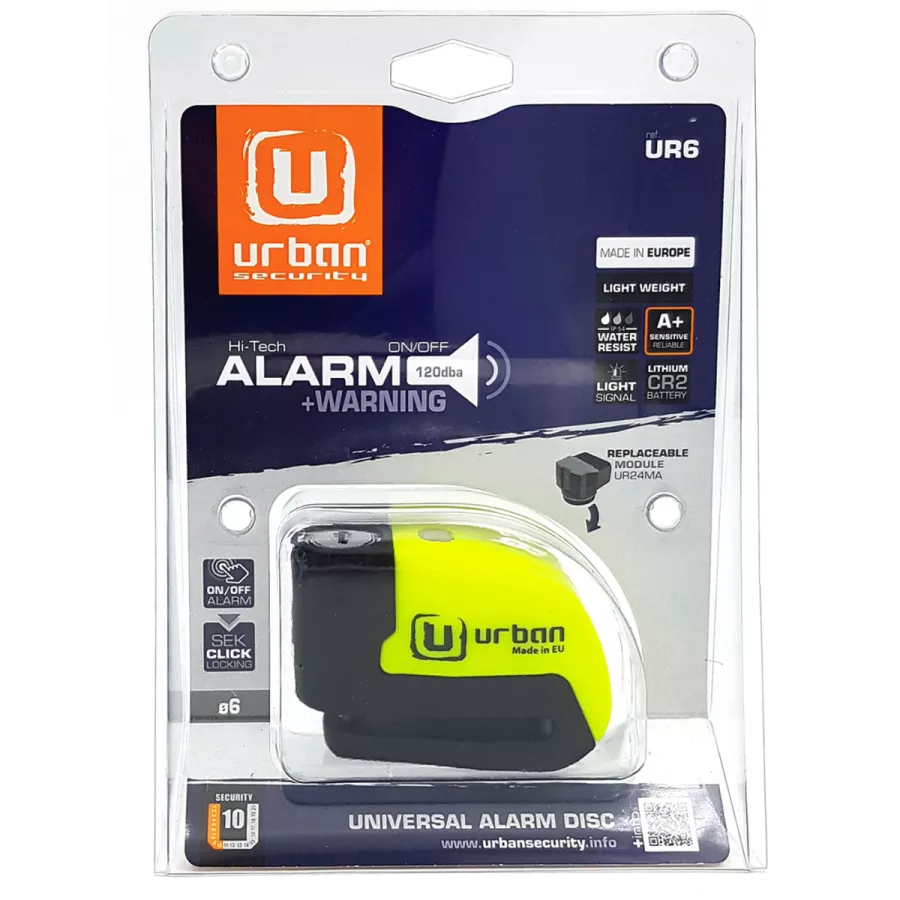 Bloque disque URBAN avec Alarme et Avertisseur de ø6 mm - Jaune-Noir