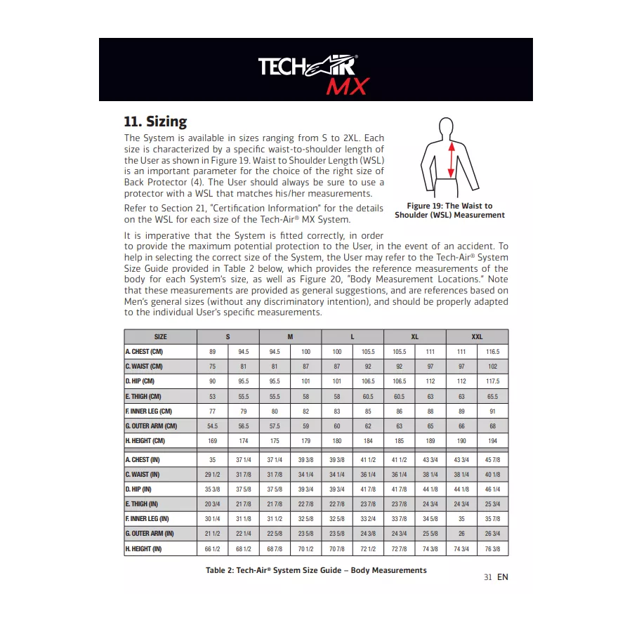 Grössentabelle Airbag ALPINESTARS TECH-AIR 5 PLASMA (ohne Abonnement)