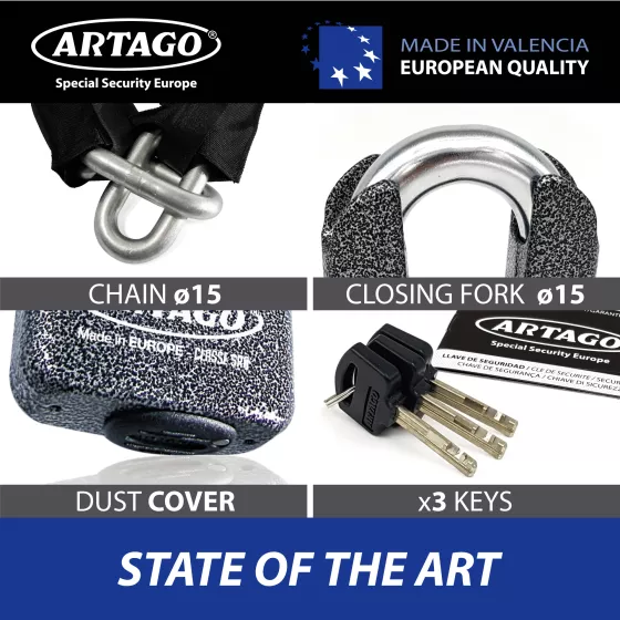 Artago – Ensemble Chaîne 150cm + Cadenas Monoblok ø15mm – Homologué SRA